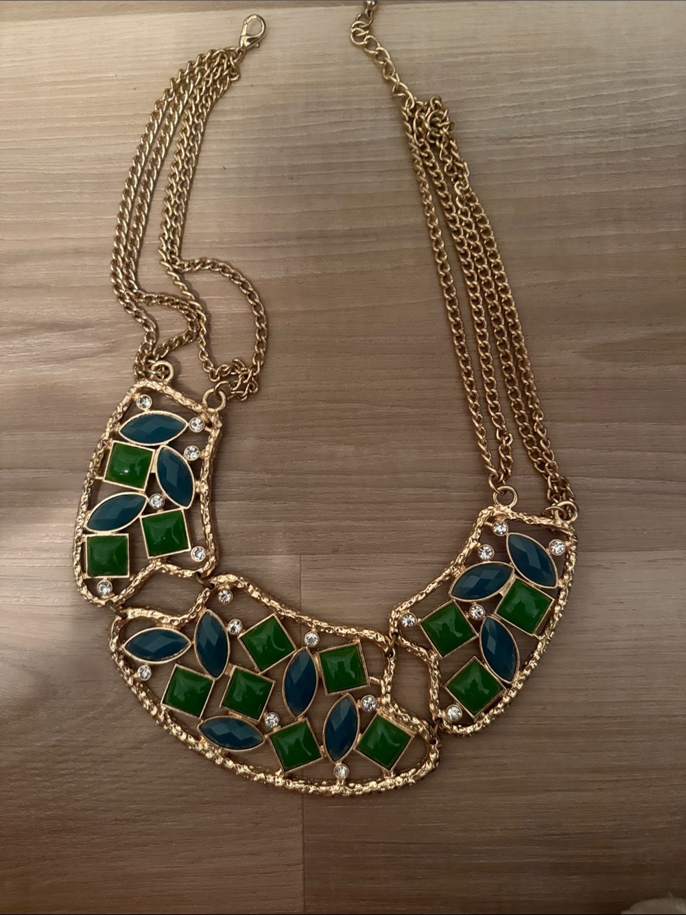 Gold-Tone Statement Necklace with Green and Teal Gemstones